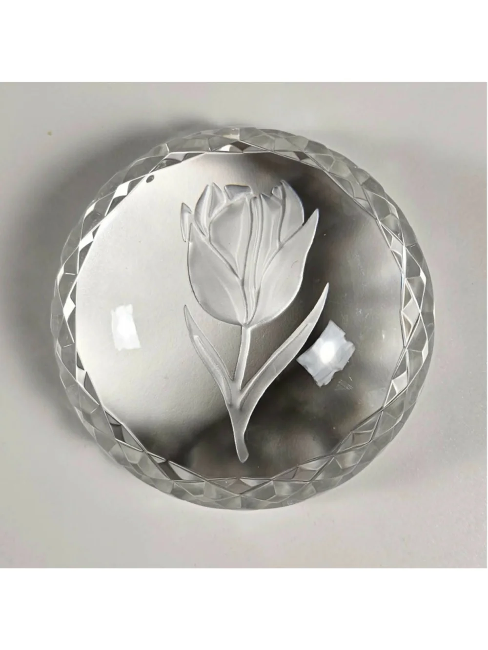 Waterford Crystal Round Domed Paperweight Frosted Intaglio Tulip Flower